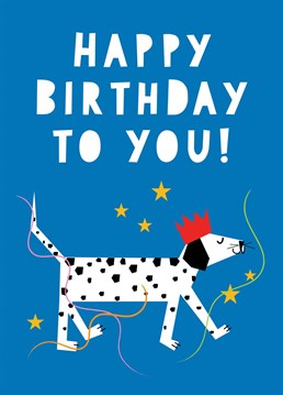 A digital collage style illustration of a happy spotty dog in party mood ready to celebrate a birthday!
