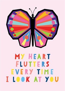 A romantic sentiment is conveyed in this beautiful love card featuring a digital collage style butterfly illustration. Suitable for an anniversary, Valentine's day or just to show someone how you feel.