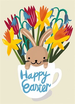 Send Happy Easter wishes to your friends, parents or grandparents. This cute card features a sweet bunny character perching in a tea cup, bright and bold Spring flowers and hand lettering. Spring is on it's way, hooray!