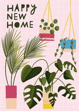 Send Good Wishes & Congratulations for a Happy New Home or housewarming. This card features a contemporary graphic illustration of an array of lovely houseplants on a pretty pink background.