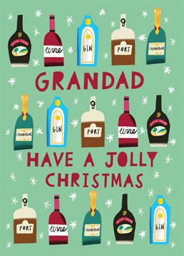Send your Grandad this jolly card featuring all the festive booze this Christmas. Hand lettering and illustration by Aimee Stevens Design.
