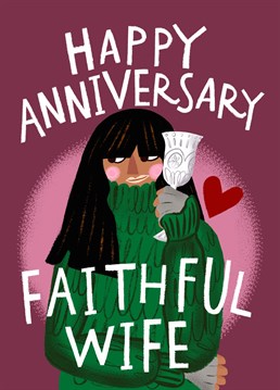 Happy Anniversary, Faithful Wife. Send your wonderful spouse with this Traitors card featuring illustrated Claudia Winkleman complete with woolly jumper and fingerless gloves. By Aimee Stevens Design.