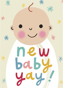 Celebrate a new arrival with this cute Baby Shower card featuring a rosy cheeked baby and bright hand-lettering. A lovely way to send congratulations to your loved ones and their new bundle of joy. Designed by Aimee Stevens Design.