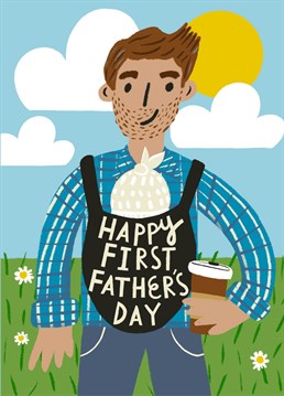Here's one for the new Dads! Celebrate a first Father's Day with this card featuring a Dad with baby in sling coordinated with new Dad accessorary, a cup of coffee! A bright, colourful and contemporary design to give on a very special Father's Day. By Aimee Stevens Design