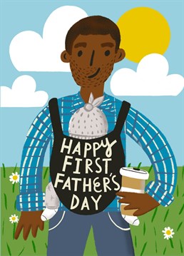 Here's one for the new Dads! Celebrate a first Father's Day with this card featuring a Dad with baby in sling coordinated with new Dad accessory, a cup of coffee! A bright, colourful and contemporary design to give on a very special Father's Day. By Aimee Stevens Design.