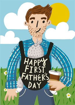 Here's one for the new Dads! Celebrate a first Father's Day with this card featuring a Dad with baby in sling coordinated with new Dad accessory, a cup of coffee! A bright, colourful and contemporary design to give on a very special Father's Day. By Aimee Stevens Design