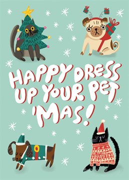 Tis the Season to dress up your pet! This Christmas card features cute cats and dog all dressed up in their best Xmas costumes. Design by Aimee Stevens Design.