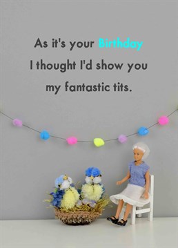 Their tits don't get more fantastic than this so let them know with this funny birthday card by Jeffrey & Janice.
