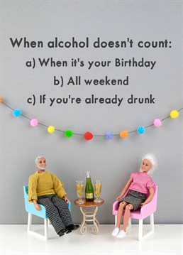 Alcohol counts until you lose the ability to count how much alcohol you have drank. A birthday card designed by Jeffrey & Janice.