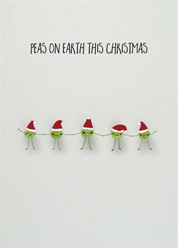 Peas On Earth, Christmas Card by Bold and Bright. Say Hap-pea Christmas with this pun-derful Christmas card. Perfect for any pun loving person this Christmas time.