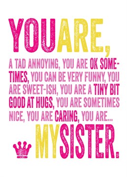 You are my Sister, funny, sweet, good at hugs!