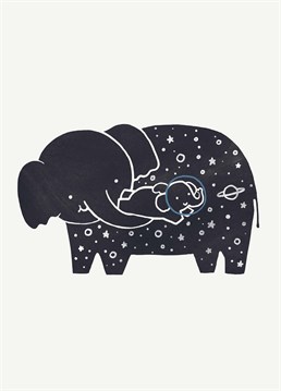 Let's move baby elephants out into the cosmos to protect them from the poachers that hunt them for zero reasons. A Baby Shower card designed by Brainbox Candy.
