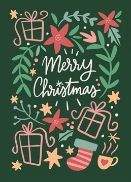 Pretty and fun greeting card with floral motifs and lettering to wish Merry Christmas to your loved ones.
