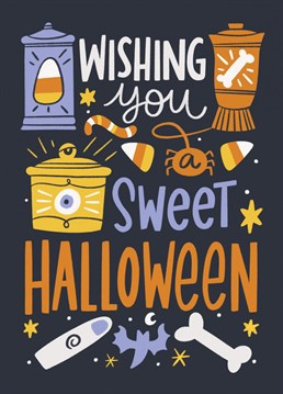 Fun and cute greeting card with spooky Halloween candy illustrations to celebrate the coolest time of the year.