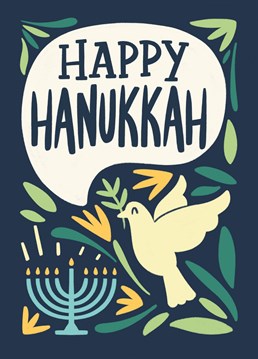 Greeting card with lettering and illustration to wish a Happy Hanukkah to your loved ones.