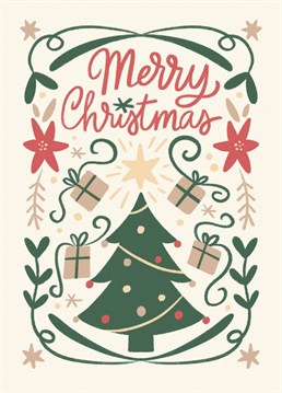 Cute greeting card with lettering and illustrations in a vintage style to wish Merry Christmas to your loved ones.