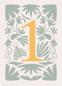 Elegant card with botanical illustration in neutral colors. Ideal to celebrate the first anniversary or first birthday.