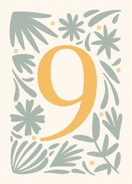 Elegant card with botanical illustration in neutral colors. Ideal to celebrate the 9th Anniversary or 9th birthday.