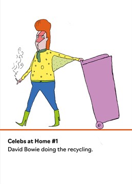 As humour cards go, this David Bowie birthday card from Buddy Fernandez is a banger. This funny card is based on designs featured in the book 'Celebs At Home' by Andy Bush.