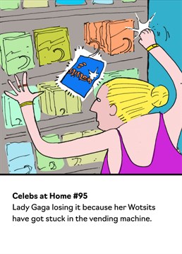 As humour cards go, this Lady Gaga birthday card from Buddy Fernandez is a banger. This funny card is based on designs featured in the popular postcard book 'Celebs At Home' by Andy Bush.