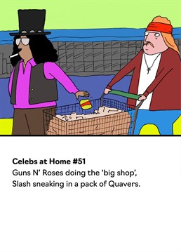 As humour cards go, this Guns N' Roses birthday card from Buddy Fernandez is a banger. This funny card is based on designs featured in the popular postcard book 'Celebs At Home' by Andy Bush.