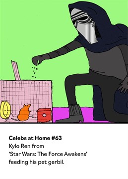 As humour cards go, this funny birthday card Kylo Ren from Buddy Fernandez is a banger. The design is based on the popular postcard book 'Celebs At Home' by Andy Bush.