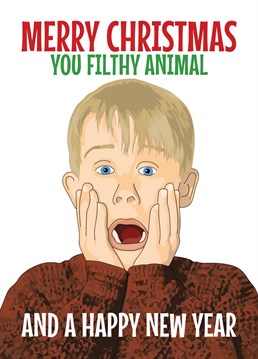 Send your loved one this Funny and Rude Kevin McCallister Home Alone themed Christmas Card featuring his classing line "you filthy animal" along with possibly his most famous pose from the Home Alone films.
