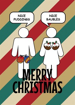 Wish someone in your life Merry Christmas with this card featuring the classic loo door icons congratulating each other and having Nice Baubles and Nice Puddings.