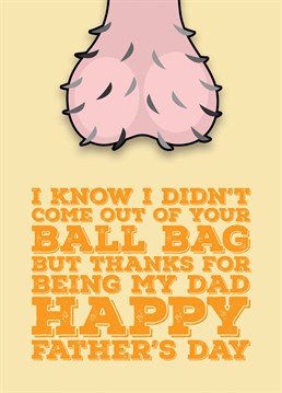 I know I didn't come out of your ball bag but thanks for being my dad. Send your Step Dad some Father's Day wishes with this card about his old man balls. designed by Blind Faith