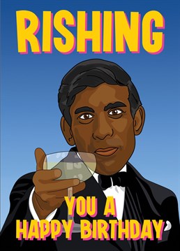 Rish someone a happy birthday with this card featuring the 48th Prime Minister of the year, Rishi Sunak using the same pose that Leonardo DiCaprio used in Great Gatsby