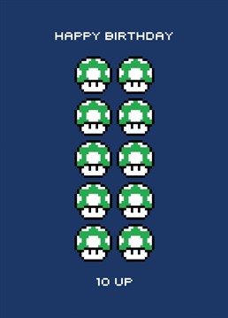 Send that little Super Mario fan some 10th Birthday wishes with this card featuring the classic pixel art 1up mushroom, or rather 10 of to reflect the correct birthday.