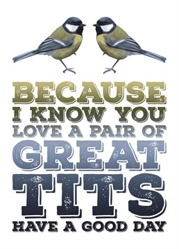 Let someone know you're thinking of them with this funny pun cared based around the name of the bird the Great Tit and the more juvenile meaning of that phrase. Designed by Blind Faith