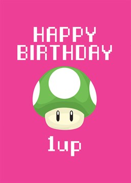 Wish that gamer in your life a happy birthday with this Super Mario themed birthday card featuring the 1up Mushroom from the Nintendo classic.