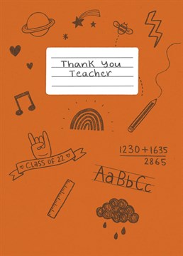 Send this school writing book style card to your favourite teacher thanking them for all they have done this year, and sorry for doodling on your exercise books!