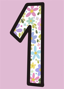 Pretty pastel floral design with a soft pink background and large number one. Perfect to celebrate any first birthday or anniversary.