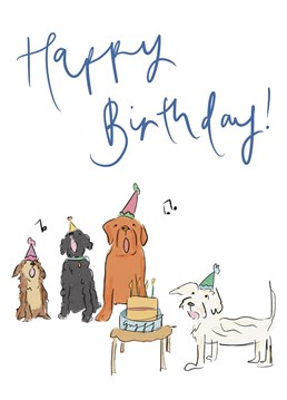 A funny card for a dog lover. Who doesn't love the idea of a dog birthday party with all of the dogs howling the tune of 'Happy Birthday'?! Designed by Bellynam Studio