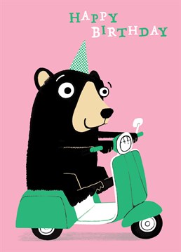 This bear is just riding by on her scooter to wish you a very happy birthday. A cute Cardinky birthday card for a young friend or family member.