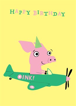This piggy sends out birthday wishes in a fly-past. A brilliant Cardinky card for a friend, family member or little child.