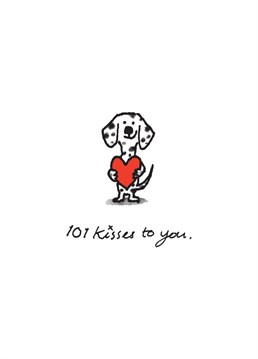 Illustrated cartoon humour card featuring a Dalmatian dog holding a heart.