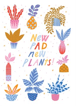 New Pad New Plants. Bigger place? More space for your house plants! Congratulate them on making room for their growing family with this design by The New Home cardy Club. This white new house New Home card says New Pad New Plants and has a drawing of house plants.