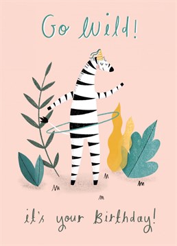 A funny zebra partying Birthday card, perfect to send to a friend to make them smile. Birthday card designed by Chloe Fae Designs.