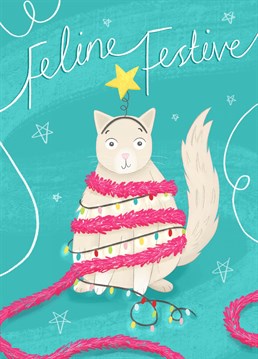 An illustration of a festive cat wrapped in Christmas decorations. A Chloe Fae Designs unique Christmas card, for those who love cats!