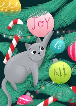 A fun illustration of a cat knocking out decorations from the Christmas tree. A Chloe Fae Designs unique Christmas card, for those who love cats!