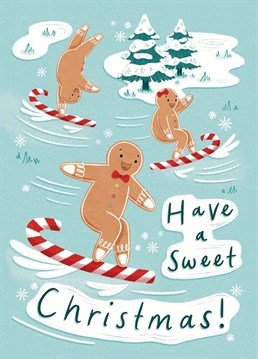 Illustrated gingerbread men skiing on candy canes. A fun card to send to friends and family this Christmas! Illustrated by Chloe Fae Designs.