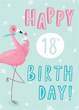 A fun illustration of a flamingo drinking a cocktail. A Chloe Fae Designs Birthday card, perfect for an 18th!