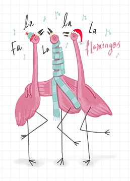 An illustration of caroling flamingos. A Chloe Fae Designs fun unique festive card to send to your friends and family this Christmas!
