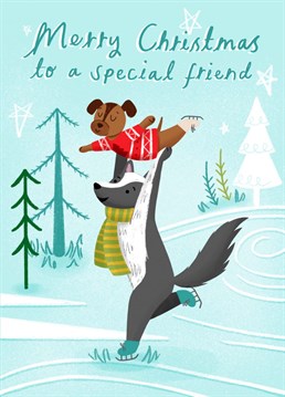An illustration of animals iceskating. A cute festive card to send to a special friend this Christmas!
