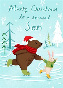 An illustration of animals iceskating. A cute festive card to send to a special son this Christmas!