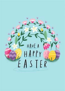 A cute Easter card to celebrate the day. Includes a floral rainbow and Easter eggs, perfect to send to family and friends. Designed by Chloe Fae Designs.