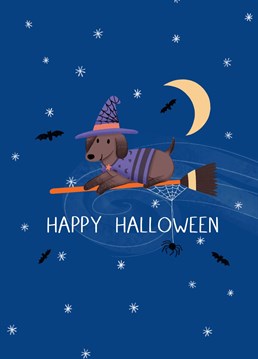 A cute illustration of a magical dog flying on a broomstick. Perfect to send this Halloween! By Chloe Fae Designs.